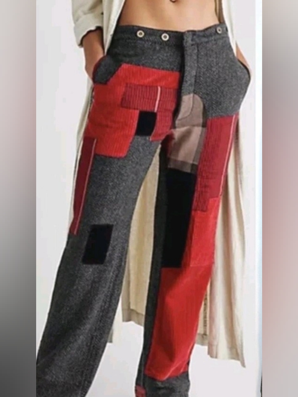 Free People x Sandrine Rose Red Herringbone Worker Patchwork Pant Tokyo S 25 New